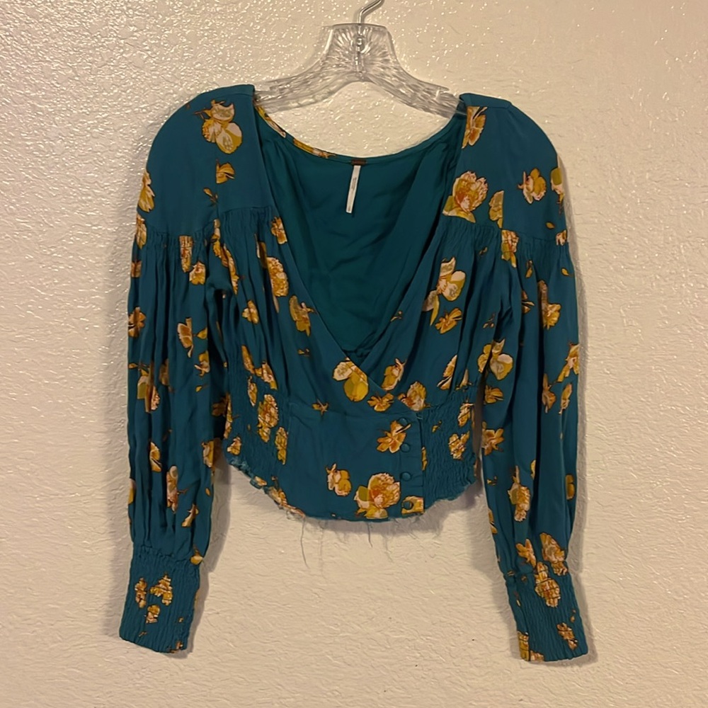 Free People Gold and Green Ruched Crop Top with Bishop Sleeves